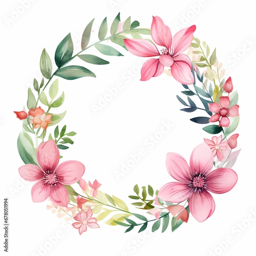A delicate watercolor wreath featuring colorful flowers and leaves in various shades in a circular pattern.