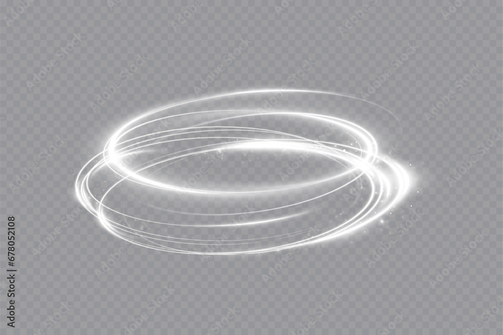 Glowing white spiral. Speed ​​abstract lines effect. Rotating shiny rings. Glowing circular lines. Glowing ring trail. Vector.	 - obrazy, fototapety, plakaty 