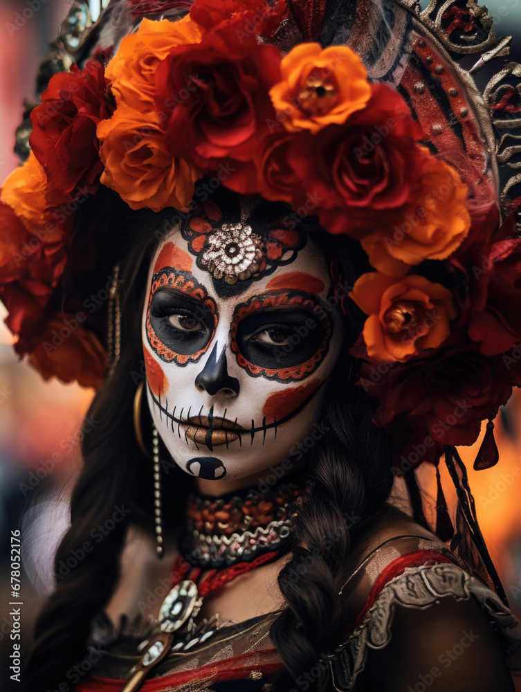 Folklore Elegance: Woman Celebrating Dia de los Muertos with Intricate Face Painting and Floral Costume Folklore Elegance: Woman Celebrating Dia de los Muertos with Intricate Face Painting and Floral Costume