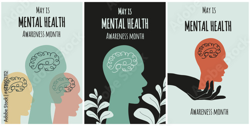 Set trendy retro Mental Health awareness month banner with brain in head. Mental Health poster in modern groovy style with brain and hand. Vector illustration can used web pages, flyer, card cover.