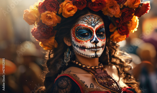Festive Spirit: Female Portrait with Colorful Day of the Dead Face Paint and Floral Garland