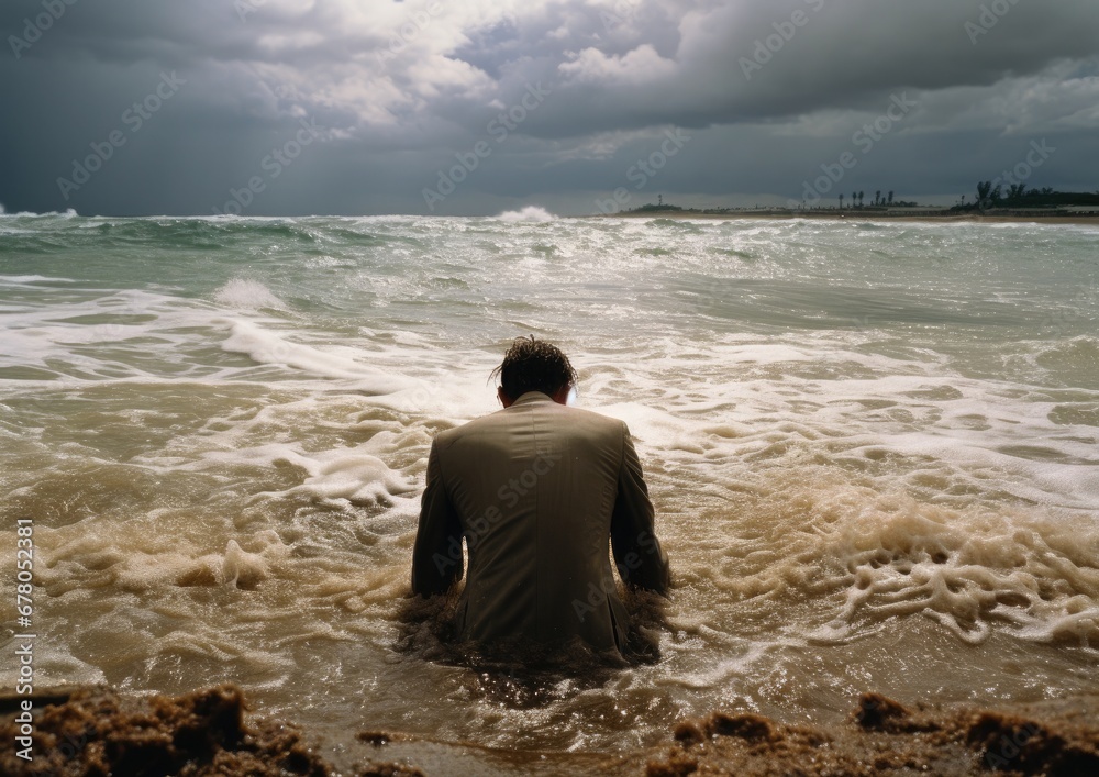 Un hombre de negocios angustiado se mete en un mar tormentoso