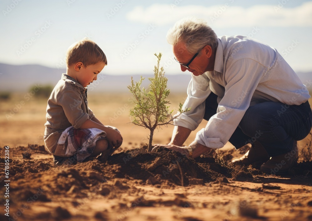 Un abuelo ayuda a su nieto a plantar un arbol Stock Photo | Adobe Stock