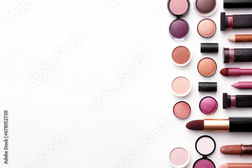 Makeup cosmetics tools background and beauty cosmetics, products and facial cosmetics package lipstick, eyeshadow on the white