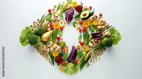 Healthy food concept. Top view of fresh vegetables and fruits arranged in heart shape on white background.