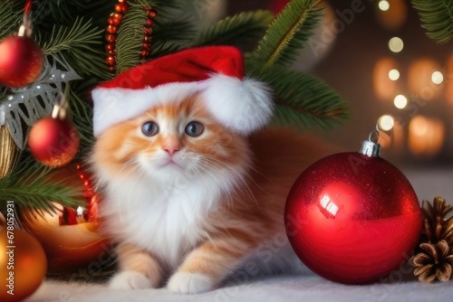 Cute red kitten with blue eyes in a Santa hat against the background of New Year's decor. AI generated. © tirlik