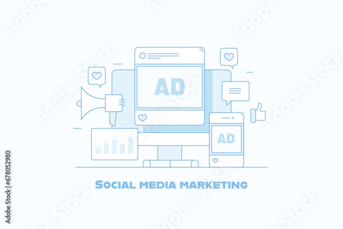 Social media marketing, digital advertising on social media platform, cross device responsive ad display, data analytics of sponsored content promotion vector illustration.