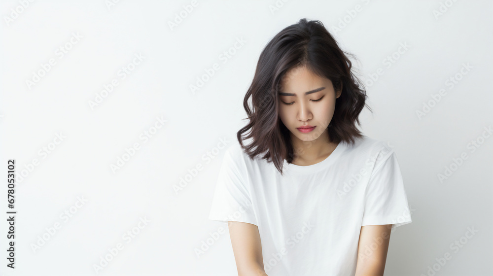 Portrait of a sad asian woman on isolated solid white background - obrazy, fototapety, plakaty 