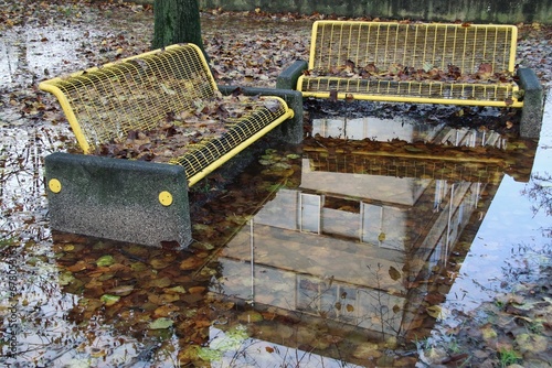 Coppia di panchine gialle in ambiente autunnale con specchio d'acqua photo