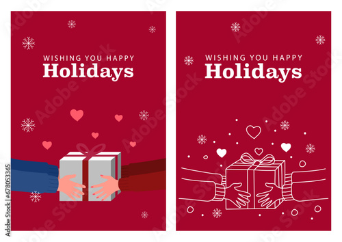 Spread the festive cheer with these charming cartoon illustration capturing the joy of giving. Hands, delicately presenting a gift, are perfect for your Christmas-themed projects and greeting cards