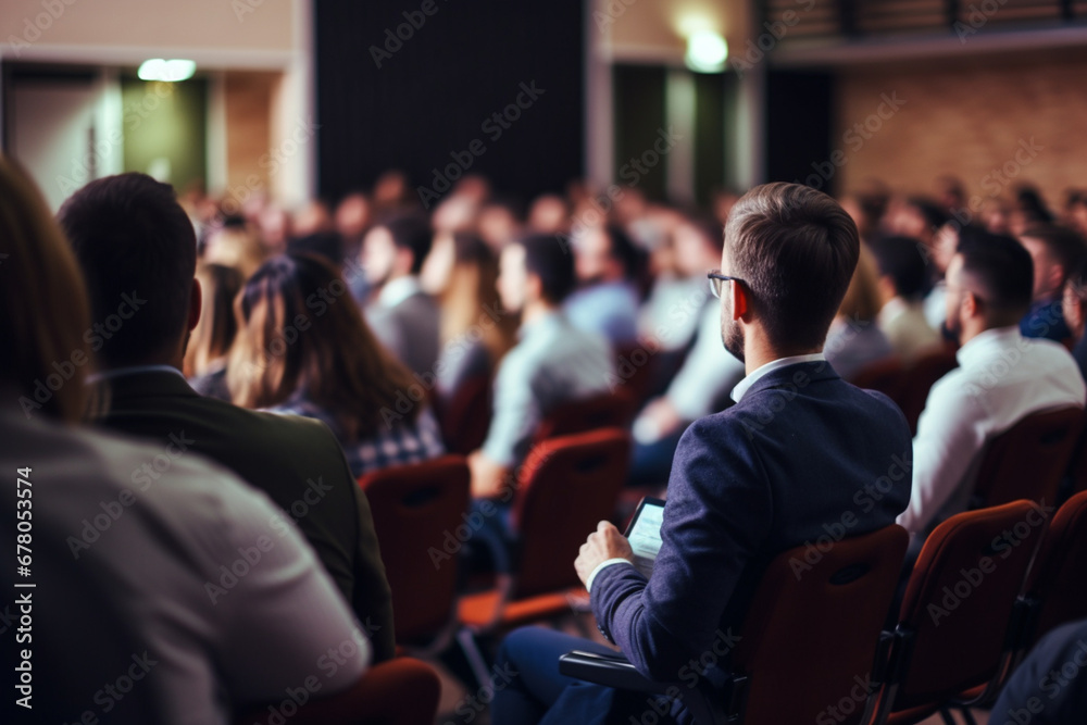 Male speaker giving presentation in lecture hall at university workshop, Audience in conference hall, Rear view of unrecognized participant in audience, Scientific conference event, blur view Male speaker giving presentation in lecture hall at university workshop, Audience in conference hall, Rear view of unrecognized participant in audience, Scientific conference event, blur view
