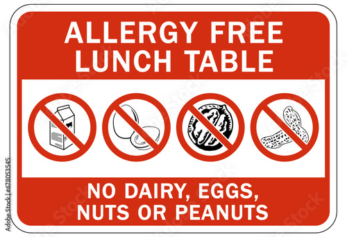 Food allergy warning sign and labels no dairy, eggs, nuts or peanuts