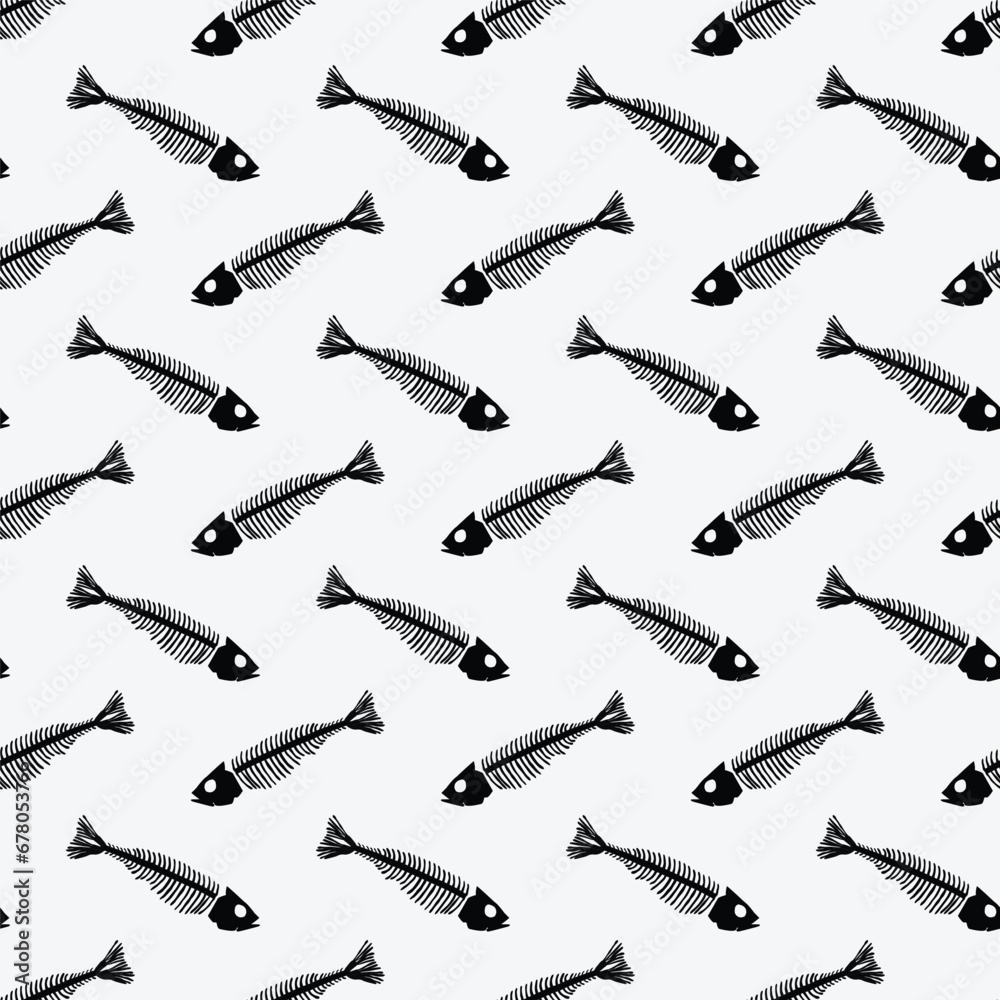 Black And White Fish Skeletons Seamless Pattern Black And White Fish Skeletons Seamless Pattern