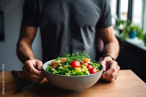 Man eat healthy lunch in modern interior  Unrecognizable profile male torso in green t-shirt  hand with fork  near window with vegetable salad in bowl  diet food concept