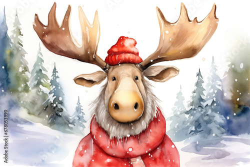 Christmas watercolor background. Christmas card. Adorable santa moose in a red hat