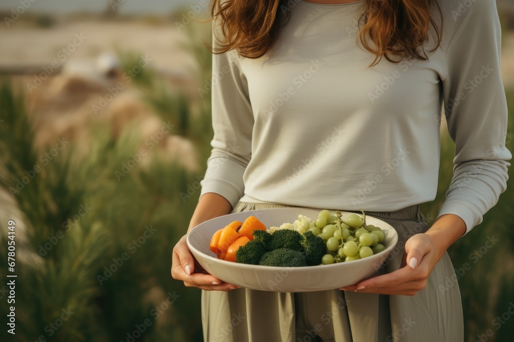 Woman holding bowl with fresh vegetables on blurred background, close-up