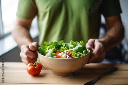 Man eat healthy lunch in modern interior, Unrecognizable profile male torso in green t-shirt, hand with fork, near window with vegetable salad in bowl, diet food concept