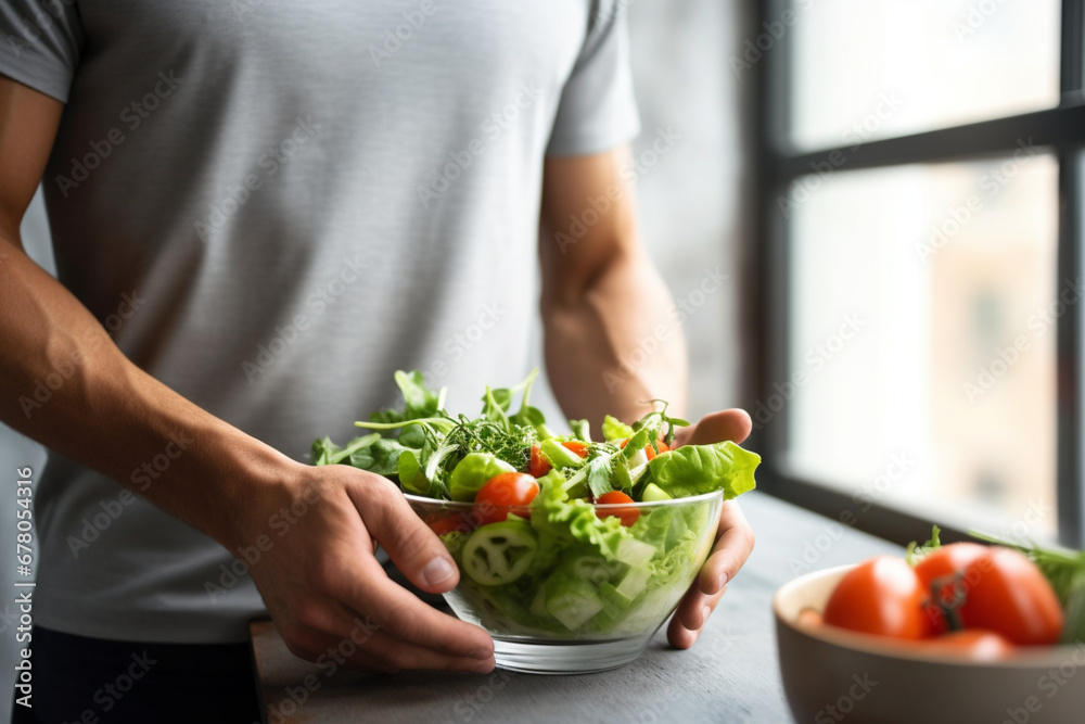 Man eat healthy lunch in modern interior, Unrecognizable profile male torso in green t-shirt, hand with fork, near window with vegetable salad in bowl, diet food concept Man eat healthy lunch in modern interior, Unrecognizable profile male torso in green t-shirt, hand with fork, near window with vegetable salad in bowl, diet food concept