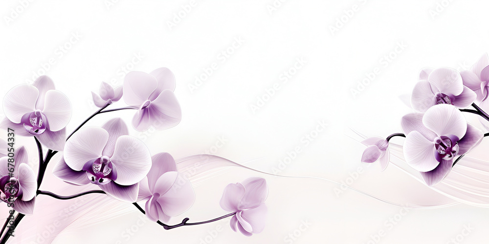 Branch of purple orchid close-up on white background with copy space. Banner.