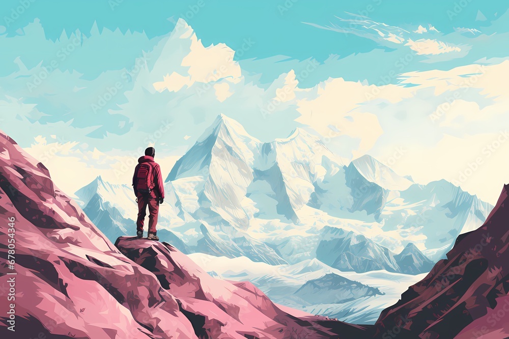 A man stands on a mountain peak, looking at a stunning sky and snowy mountains.