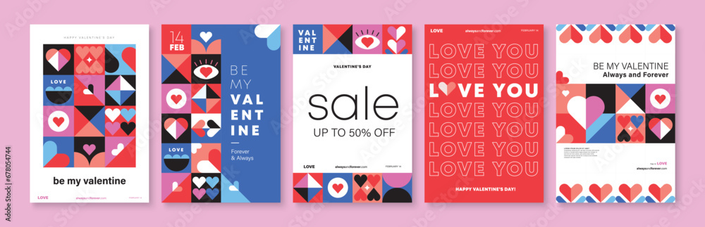 Set of Valentine's Day poster, greeting card, cover, label, sale promotion templates, pattern background in modern trendy geometric style. - obrazy, fototapety, plakaty 