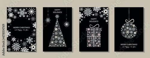 Merry Christmas and Happy New Year Set of greeting cards, posters, holiday covers. Xmas Design with beautiful snowflakes  on black background. Christmas tree, border frame, decor