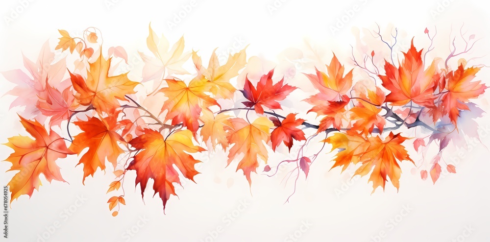 Delicate watercolor painting of autumn maple leaves in vibrant shades of orange, red, and yellow on a branch. Delicate watercolor painting of autumn maple leaves in vibrant shades of orange, red, and yellow on a branch.