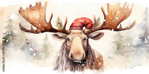 Christmas watercolor background. Christmas card. Adorable santa moose in a red hat photo