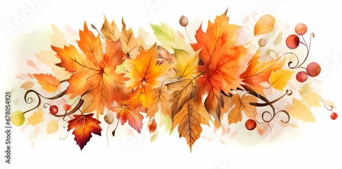 Delicate watercolor painting of autumn maple leaves in vibrant shades of orange  red  and yellow on a branch.
