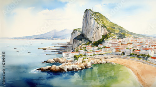 Beautiful view of the Rock of Gibraltar watercolor. photo