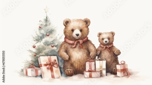 A family of cheerful watercolor bears and Christmas gifts and toys under the tree. AI generated. © Максим