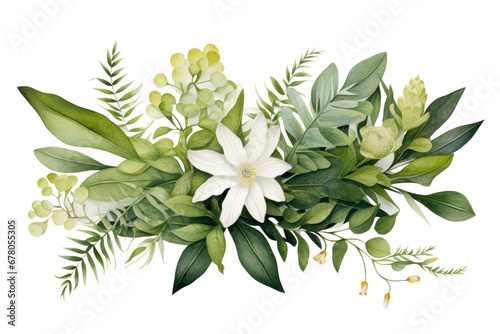 Watercolor of Tropical spring floral green leaves and flowers elements isolated on transparent background.