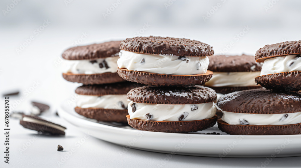 Sandwich cookies with cream on white table close up