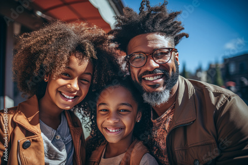 Cheerful black father with daughters standing near building porch in daylight