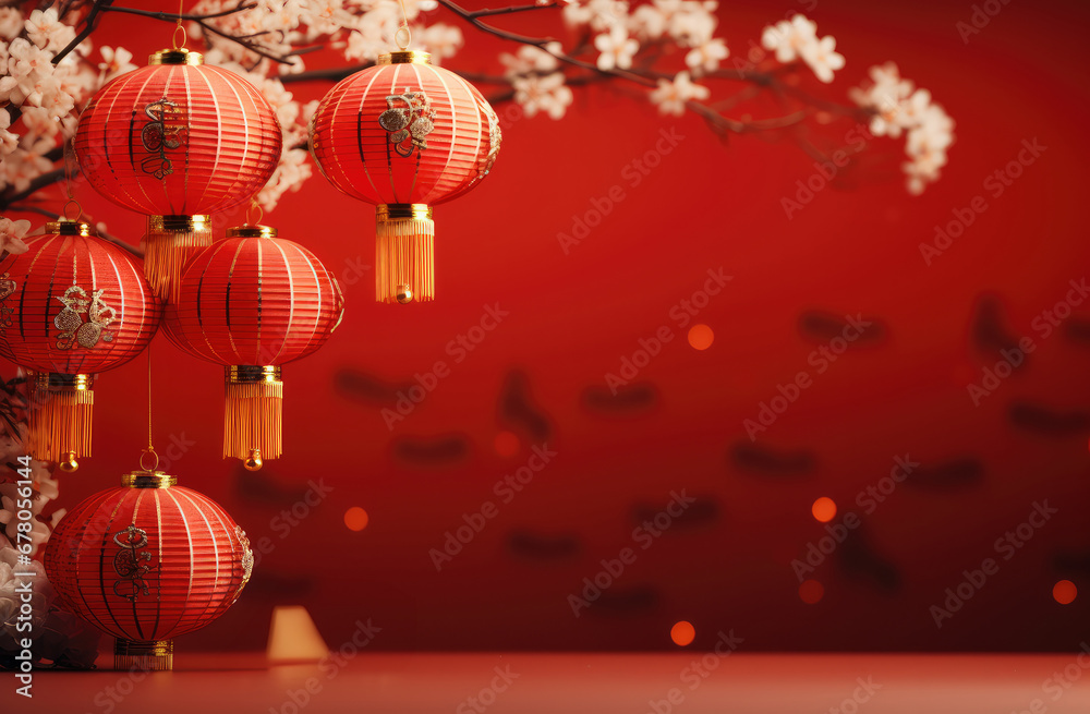 Fototapeta premium Red background with some red plum blossom flowers and lantern