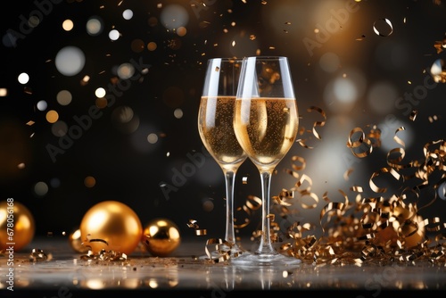 A festive scene with champagne glasses, gold confetti, and a black background, providing customization options for celebratory occasions. Photorealistic illustration