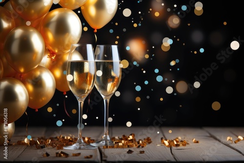A festive background featuring two champagne glasses, golden balloons, and blurred holiday lights for a captivating celebration ambiance. Photorealistic illustration