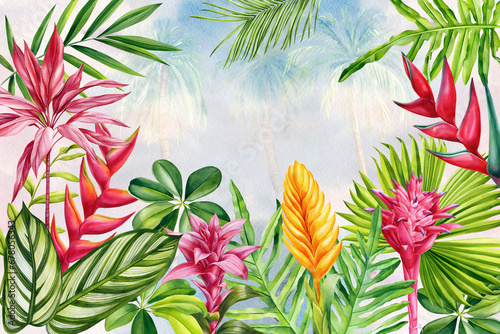 Colorful Flowers  palm leaves. Watercolor Tropical floral background. Tropical wallpaper design with exotic plant 