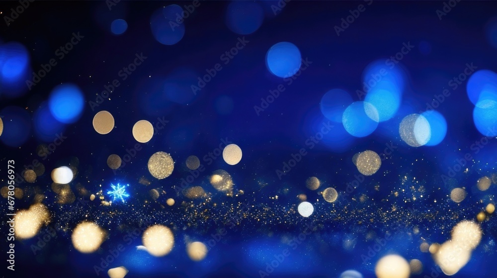 Abstract Christmas golden light shine particles navy Blue bokeh defocus glitter blur background.