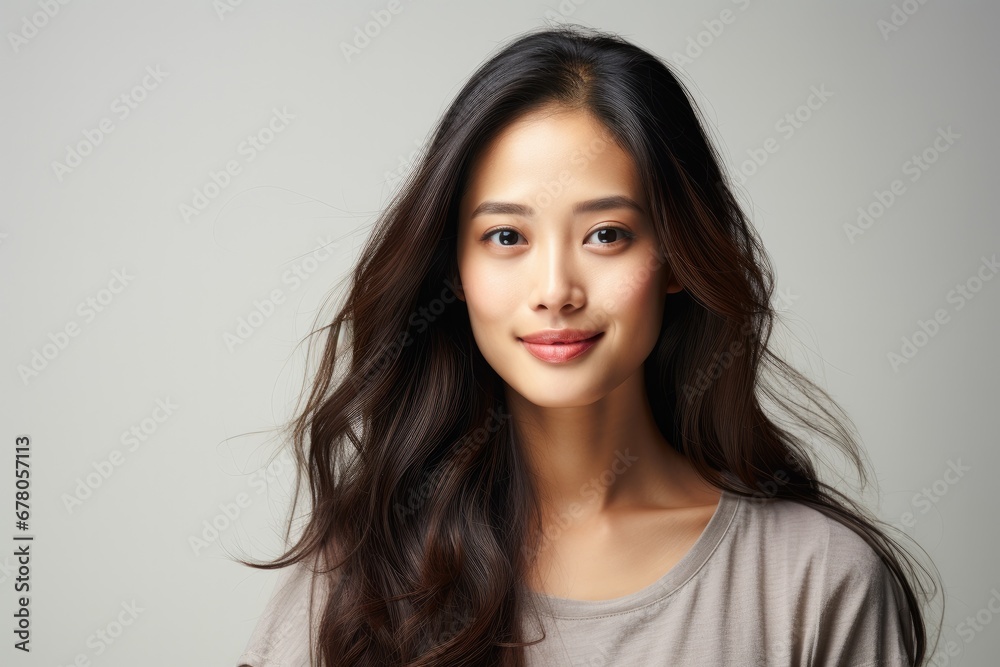 Portrait of a smiling young Asian woman with flowing hair on a light background. Portrait of a smiling young Asian woman with flowing hair on a light background.