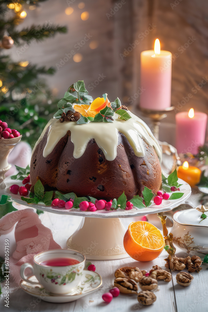 Obraz premium On the white wooden windowsill, a light pastel Christmas pudding in cream with a golden decor. In the background there is a beautiful winter window and festive candlelight.