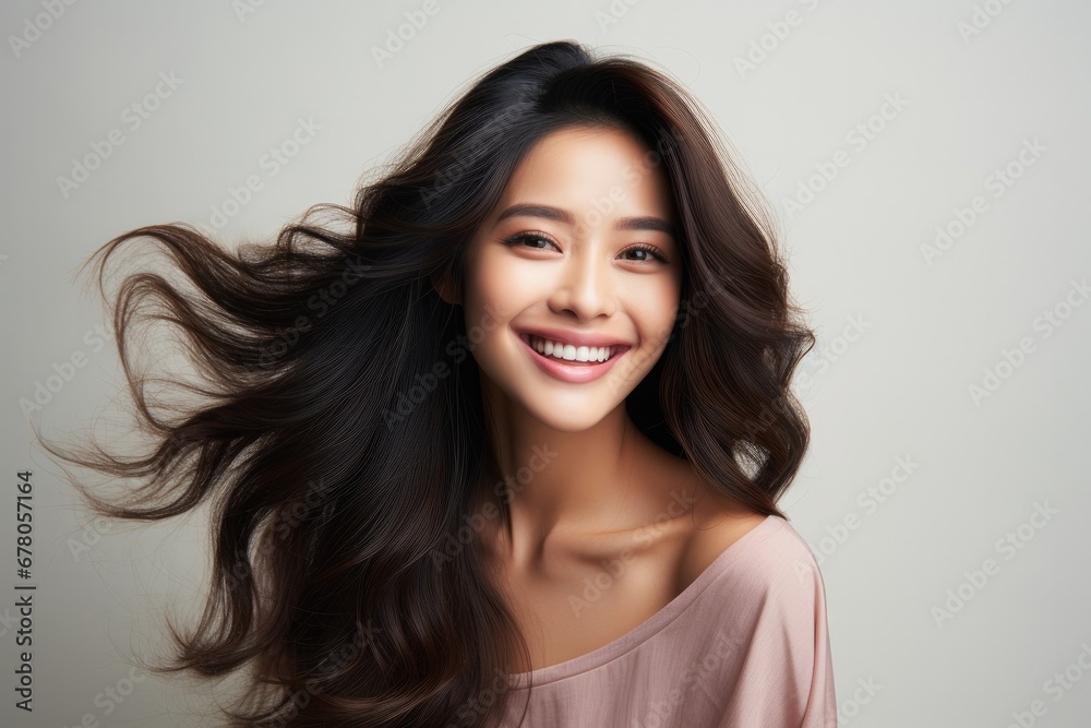 Portrait of a smiling young Asian woman with flowing hair on a light background. Portrait of a smiling young Asian woman with flowing hair on a light background.