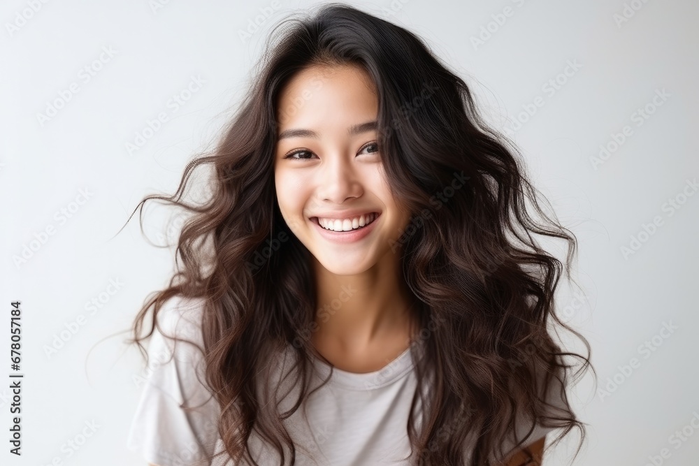 Portrait of a smiling young Asian woman with flowing hair on a light background. Portrait of a smiling young Asian woman with flowing hair on a light background.