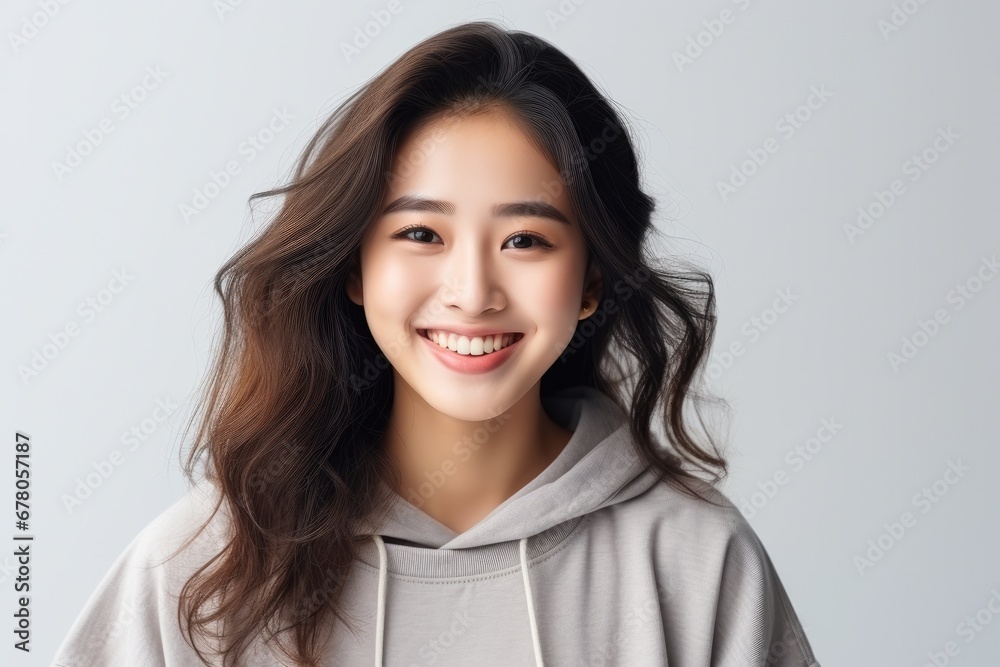 Fototapeta premium Portrait of a smiling young Asian woman with flowing hair on a light background.