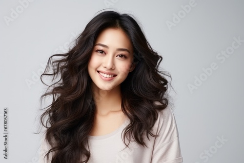 Portrait of a smiling young Asian woman with flowing hair on a light background.
