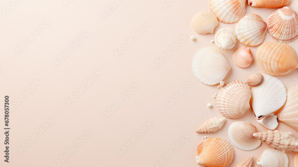 Seashells on pastel beige background. Minimal summer