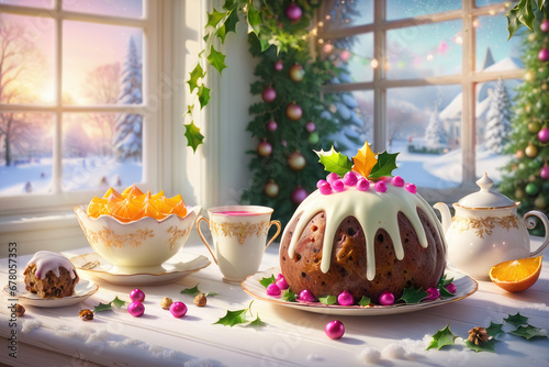 On the white wooden windowsill, a light pastel Christmas pudding in cream with a golden decor. In the background there is a beautiful winter window and festive candlelight. photo