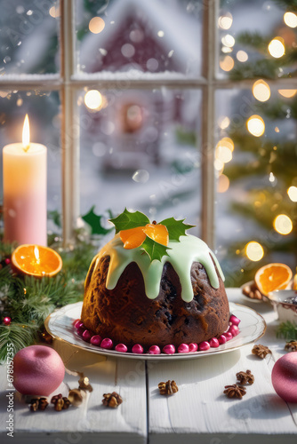 On the white wooden windowsill, a light pastel Christmas pudding in cream with a golden decor. In the background there is a beautiful winter window and festive candlelight. photo