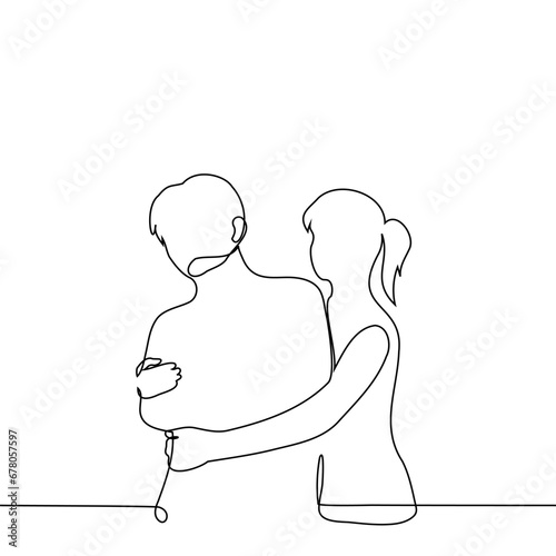 woman tightly hugs man who doesn't really want it - one line art vector. concept forcibly hugging, tactile and non-tactile friends, siblings relationship, cute aggression
