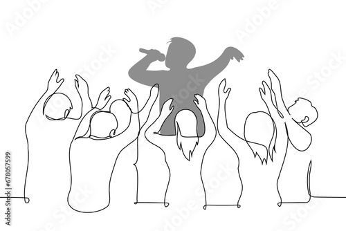 male artist on stage sings into a microphone, a crowd of cheering fans raised their hands - one line art vector. concept live performance of your favorite artist, music festival